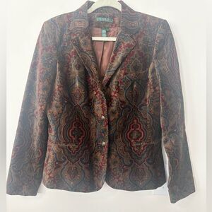 Vintage 90s Ralph Lauren Paisley Printed Velvet Damask Blazer Jacket L